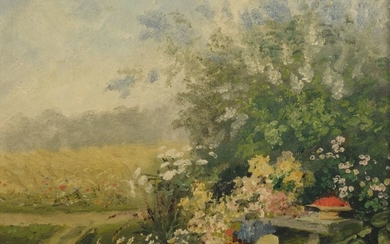 Indistinctly signed, a garden setting, oil on board,...