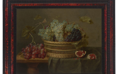 JACOB VAN HULSDONCK (ANTWERP 1582-1647) A basket of grapes and a pomegranate on a table