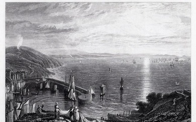 JMW TURNER 1800s Engraving Coastal View with Ships & Boats Framed Signed