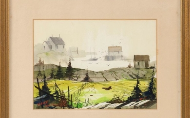 JOSEPH DOUGLAS PURCELL, Canada, 1927-2015, "Mahone Bay, Nova Scotia"., Watercolor on paper, 10.5" x 14" sight. Framed 18.5" x 22".
