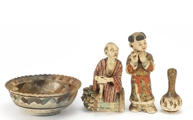 Japanese Satsuma pottery comprising two figures, bowl and ga...