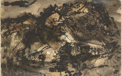John Piper CH, British 1903-1992 - Landscape at Bredwardine; watercolour, ink and gouache on paper, signed lower right 'John Piper', 39 x 59.5 cm (ARR) Provenance: Marlborough Gallery, London (according to the label attached to the reverse of the...