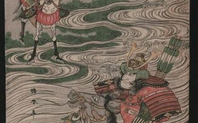 Katsukawa Shuntei: Samurai warriors by/in river.