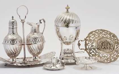 LOT COMPRISING A NIGHT LIGHT, A SMALL FOOTED BOWL, A SILVER-PLATED BASKET, AND A SILVER-PLATED EGG BOILER