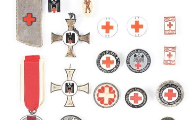 LOT OF THIRD REICH RED CROSS MEDALS, PINS, AND INSIGNIA.