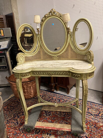 LOUIS XV-XVI STYLE PAINTED AND GILT KIDNEY-SHAPE DRESSING TABLE. 19th...
