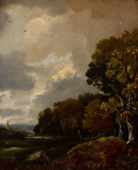 Landscape with trees and a field, a church tower in the distance, Thomas Gainsborough R.A.