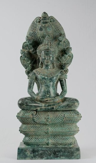 Large Antique Bayon Style Khmer Bronze Meditating Naga