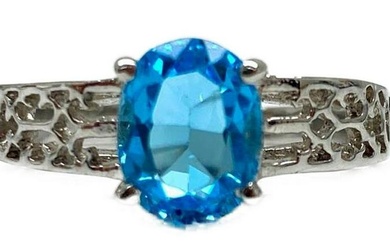 Large Blue Topaz Gemstone on an Intricate 925 Sterling Silver Band