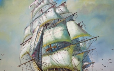 Large Oil On Canvas Battle Ship Maritime Painting. Signed "Johns".