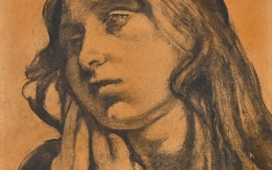 Léon FREDERIC (1856 - 1940) Portrait de Trinette fusain, signé en bas...