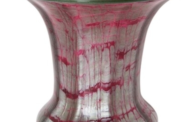 Loetz, Ausfuehrung 134 footed vase, circa 1914, Pink and silver green glass cased in clear glass, Unmarked, 15.3cm high