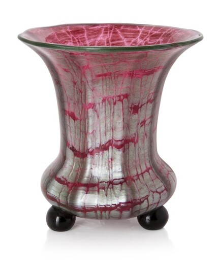 Loetz, Ausfuehrung 134 footed vase, circa 1914, Pink and silver green glass cased in clear glass, Unmarked, 15.3cm high