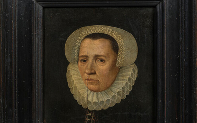 Lot 32 ECOLE HOLLANDAISE du XIXe siècle dans le goût du XVIIème siècle. "Portrait de femme". Huile sur panneau de chêne. 30 x 24 cm. Fentes. RM