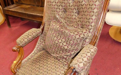 Lot details A mid-Victorian mahogany framed and buttoned floral fabric...