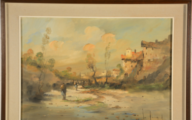 Lucio Cargnel ( Breganzio 1903 - Milano 1998 ) , "Paesaggio con case e figure" olio su tela (cm 50x73) firmato in basso a destra. In cornice