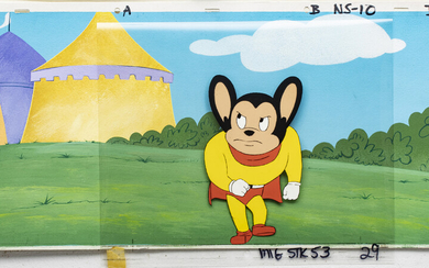 "MIGHTY MOUSE" PRODUCTION ANIMATION CEL WITH HAND PAINTED BACKGROUND, C. 1979, H 9", W 21" (VISIBLE IMAGE)