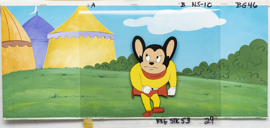 "MIGHTY MOUSE" PRODUCTION ANIMATION CEL WITH HAND PAINTED BACKGROUND, C. 1979, H 9", W 21" (VISIBLE IMAGE)
