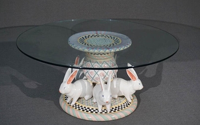 MacKenzie-Childs Art Pottery 'Bunny Rabbit' Round Glass Top Table