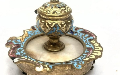 Marble and Enamel Footed Inkwell with Glass Insert. Mar