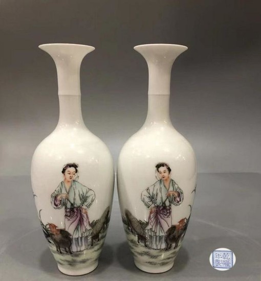Matched Pair Famille Rose Figure Vases