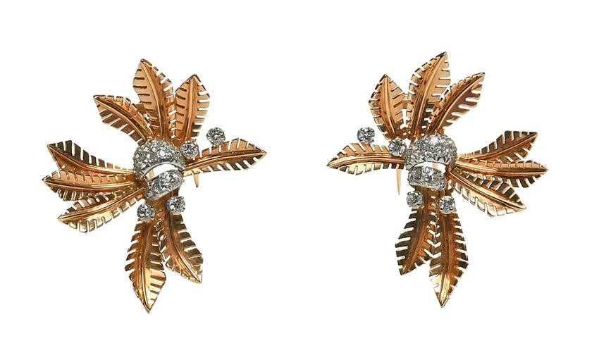 Matched Pair of 18K Gold and Diamond Brooches