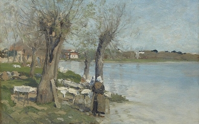 Maxime MAUFRA 1861-1918 Lavandières au bord d'une rivière près de Nantes - 1887