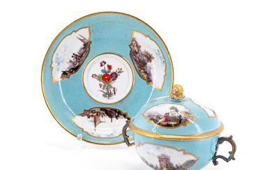 Meissen | SMALL PORCELAIN TUREEN AND SAUCER WITH TURQUOISE BACKGROUND AND MERCHANT'S NAVY SCENES