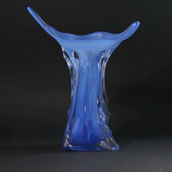 Mid-Century Modern Hand Blown Art Glass Blue Vase