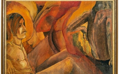 Mid Century Modern Nude Figural Genre Oil Painting