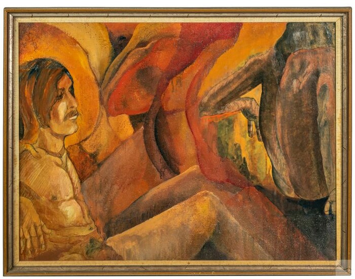 Mid Century Modern Nude Figural Genre Oil Painting