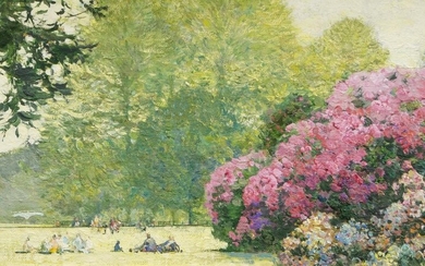 Mikhail Izotov, Russian b.1956- Warm Spring Day in Kenwood, and A Gentle Afternoon in Kew Gardens; oils on canvasboard, two, each signed in Cyrillic lower left, each signed, titled, dated, and inscribed in Cyrillic to the reverse, each 19 x 39 cm...