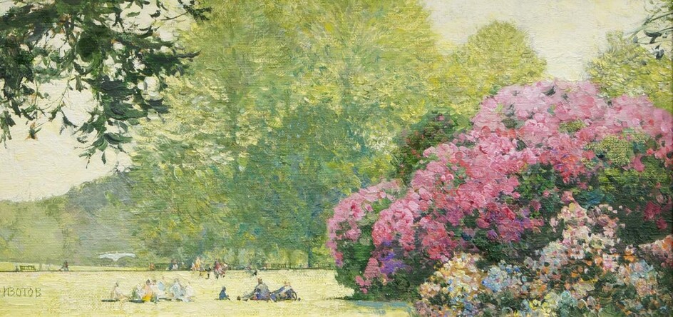 Mikhail Izotov, Russian b.1956- Warm Spring Day in Kenwood, and A Gentle Afternoon in Kew Gardens; oils on canvasboard, two, each signed in Cyrillic lower left, each signed, titled, dated, and inscribed in Cyrillic to the reverse, each 19 x 39 cm...