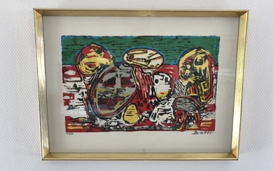SOLD. Mogens Balle: Composition. Signed Balle, 60/80. Lithograph and woodcut in colours. Frame size 50...