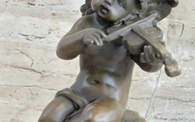 Moreau Inspired Cherub Playing Violin Bronze Sculpture On Marble Base - 8" x 5"