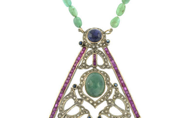 Multi-gem pendant, on an integral beaded necklace
