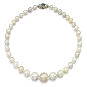 Natural pearl, seed pearl, emerald and diamond necklace