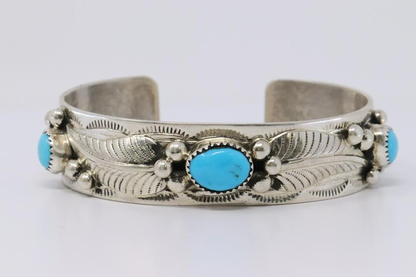 Navajo Indian Sterling Silver Turquoise Stone Bracelet