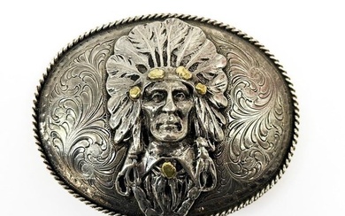 Nick Chavez Collection: Edward H Bohlin Sterling/14K Gold Overlay Belt Buckle w/ Indian Chief Design