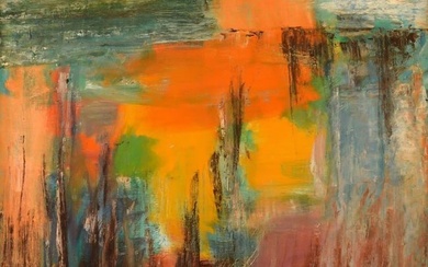 Niels Bäcklin (1913-1989), Swedish artist. Oil on canvas. Modernist landscape with sunset. 1960