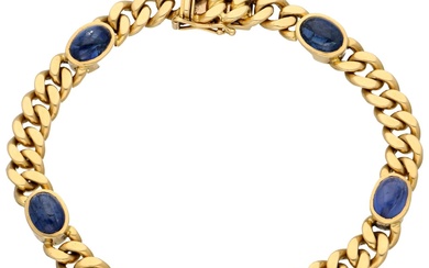 No Reserve - 18k Yellow gold gourmet link bracelet set with natural sapphire.