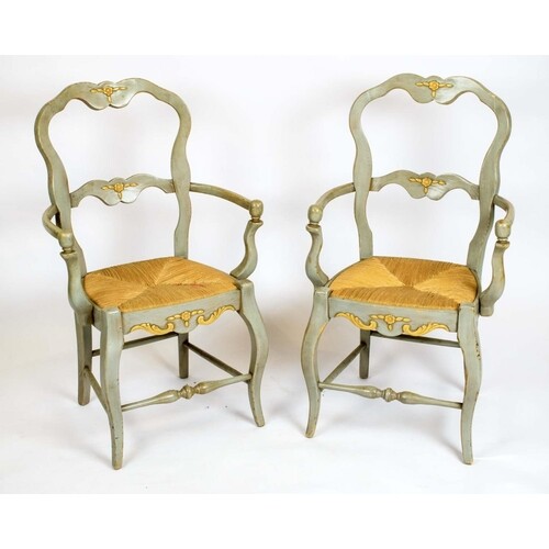 OPEN ARMCHAIRS, a pair French provincial style grey painted ...