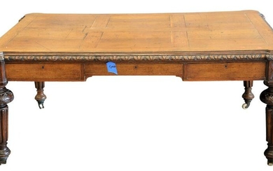 Oak Library Table/Desk, having carved frame set on