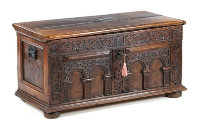 (-), Oak blanket box with richly decorated front...