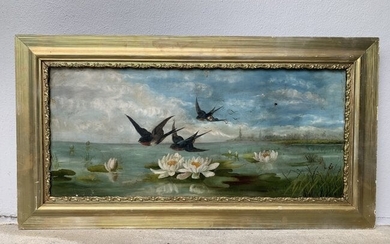 Oil on Canvas Swallows Flying over Lily Patch Painting