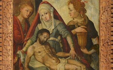 Oil on oak panel "Pieta with St. John and Mary Magdalene". Anonymous. Northern European school. Period: end of XVIth century. Size: +/-52,5x39cm.