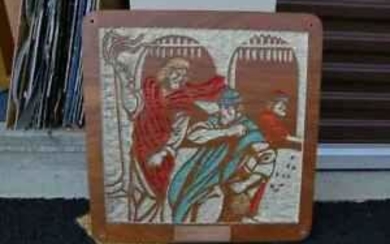 Older Wood Plaque with Etched Scene: "The Merchants"