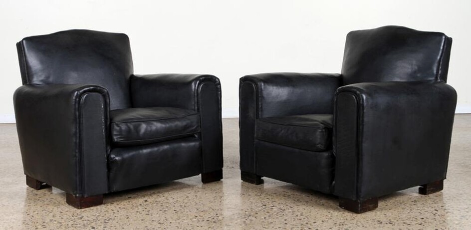 PAIR ART DECO LEATHER CLUB CHAIRS MUSTACHE BACKS