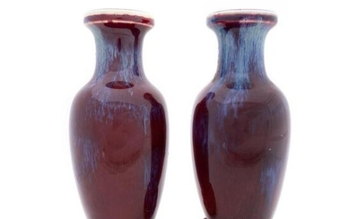 PAIR, CHINESE SANG DE BOEUF FLAMBE VASES ON STANDS