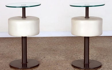 PAIR IRON GLASS UPHOLSTERED END TABLES C.1950